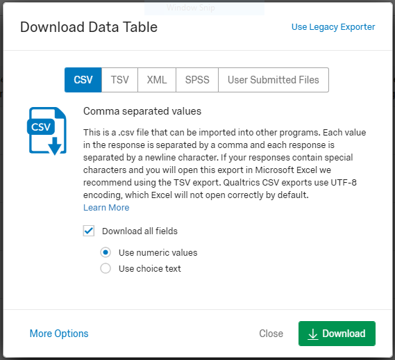 Dialog for downloading data from Qualtrics.